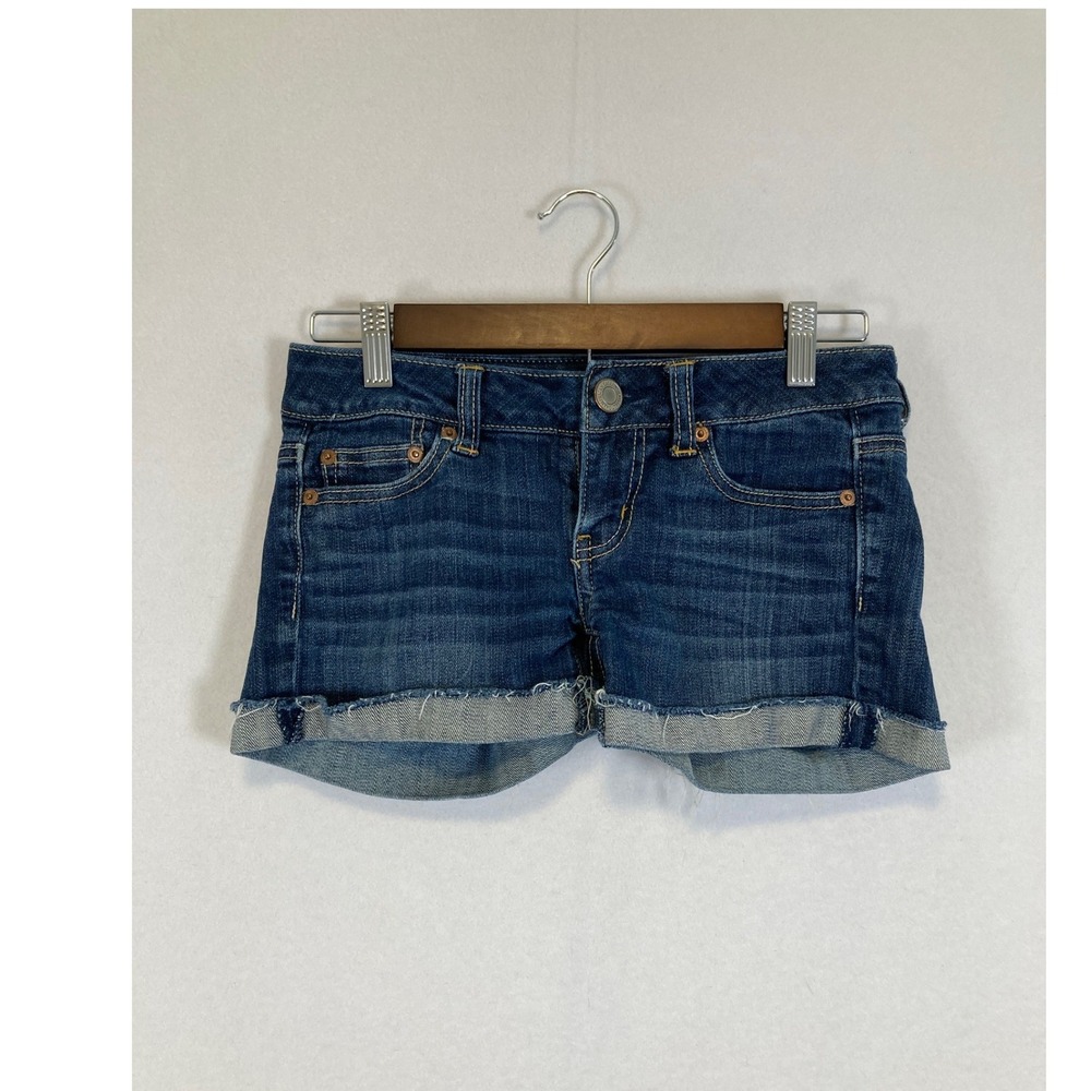 American Eagle Stretch Denim Shorts W 00 Blue Dark Wash‎ Cuffed Raw Hem Low Rise